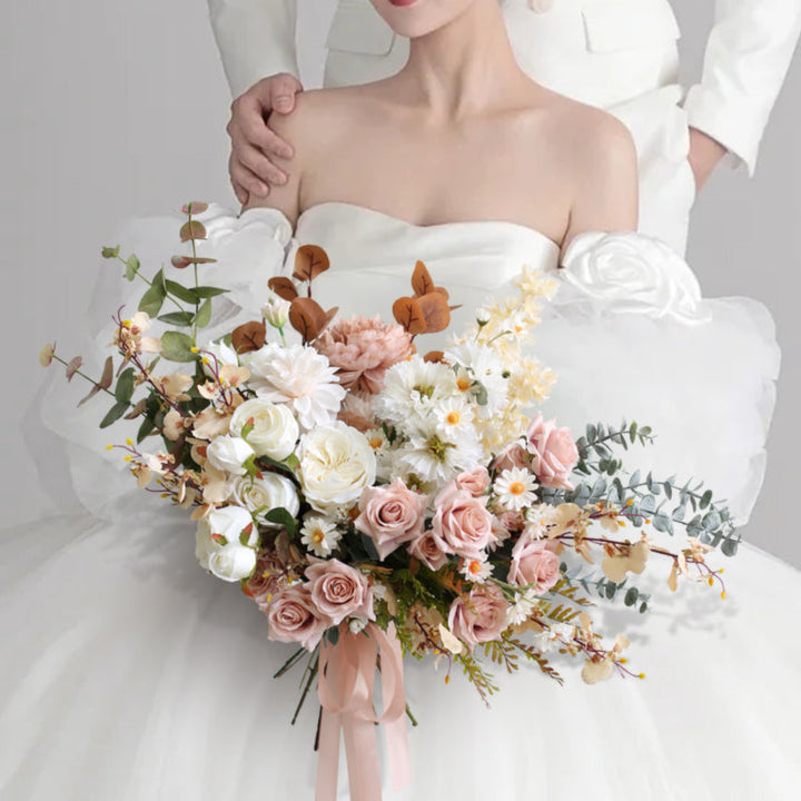 Pink Rose Wedding Bridal Bouquet Flowers, Diy Artificial Wedding Flowers
