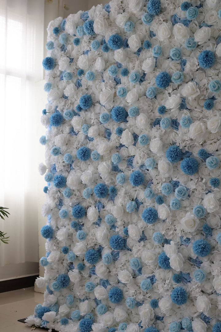 White And Blue Roses And Blue Lasagna Chrysanthemums, Artificial Flower Wall Backdrop