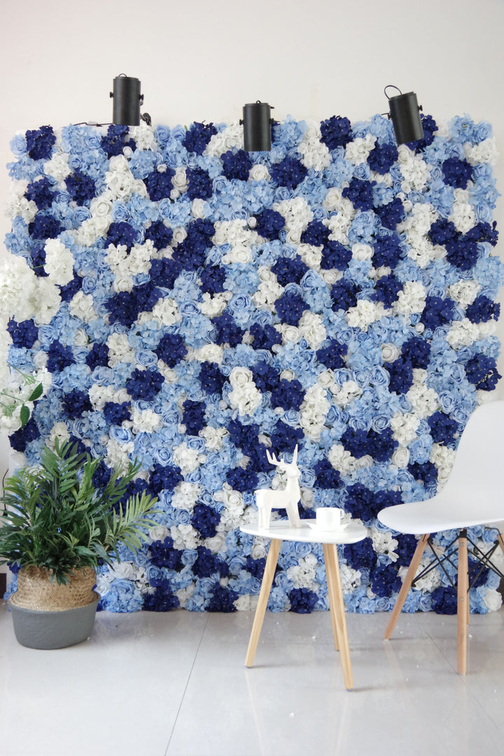 White And Blue Roses And Hydrangeas, Artificial Flower Wall, Wedding Party Backdrop
