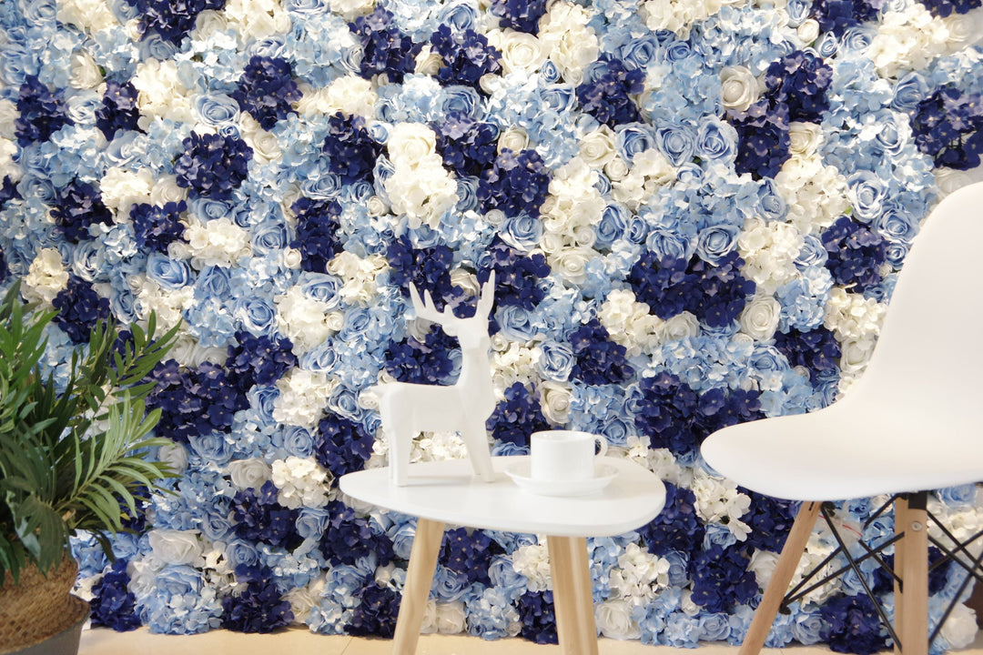 White And Blue Roses And Hydrangeas, Artificial Flower Wall, Wedding Party Backdrop