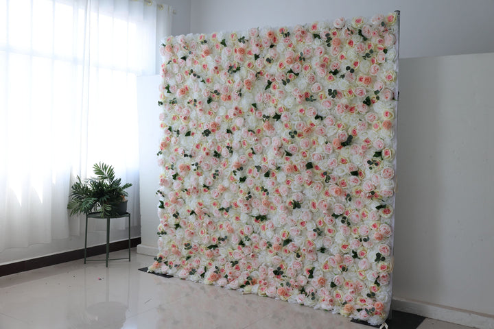 White And Pink Roses And Pink Peonies And Green Leaves, Artificial Flower Wall Backdrop
