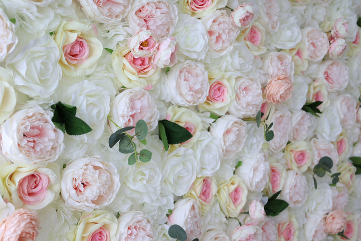 White And Pink Roses And Pink Peonies And Green Leaves, Artificial Flower Wall Backdrop