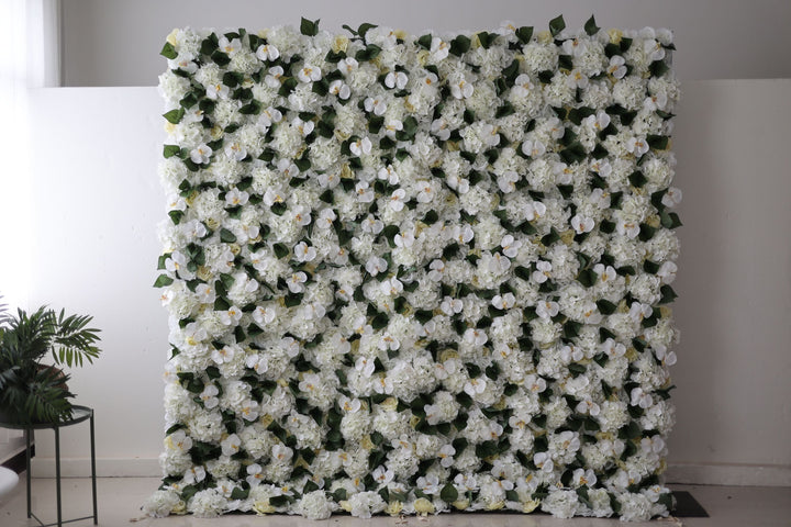 White Hydrangeas And Green Leaves, Artificial Flower Wall Backdrop