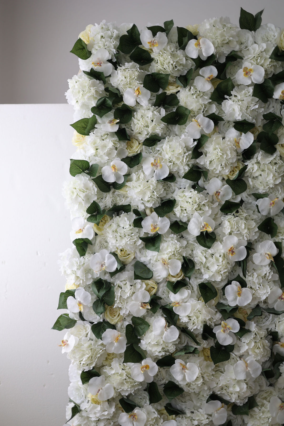 White Hydrangeas And Green Leaves, Artificial Flower Wall Backdrop