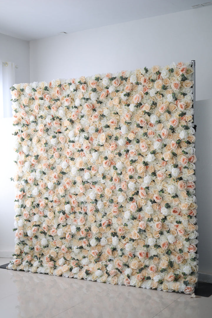 White Light Yellow Pink Roses And Green Leaves, Artificial Flower Wall Backdrop