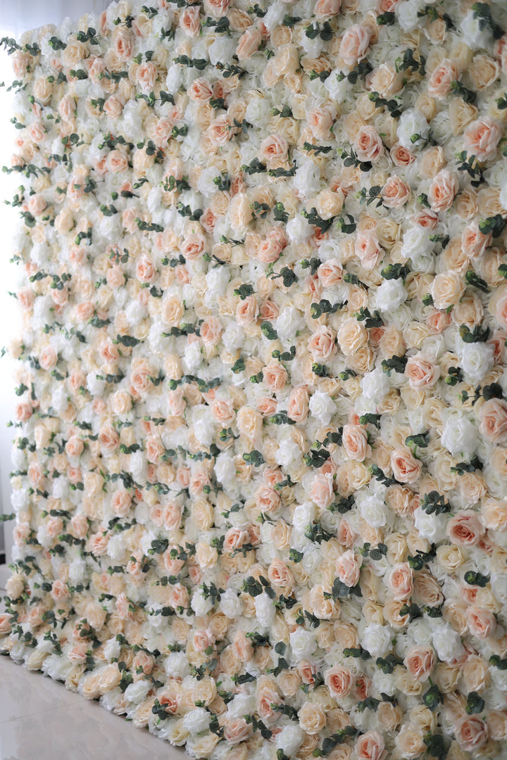 White Light Yellow Pink Roses And Green Leaves, Artificial Flower Wall Backdrop