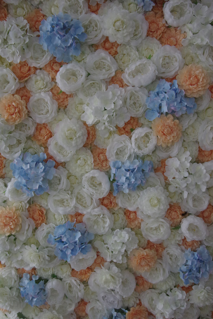 White Peonies And Blue Hydrangeas And Orange Dahlias, Artificial Flower Wall Backdrop