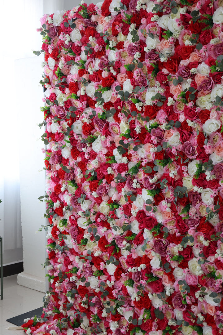 White Red Pink Roses And Green Leaves, Artificial Flower Wall Backdrop