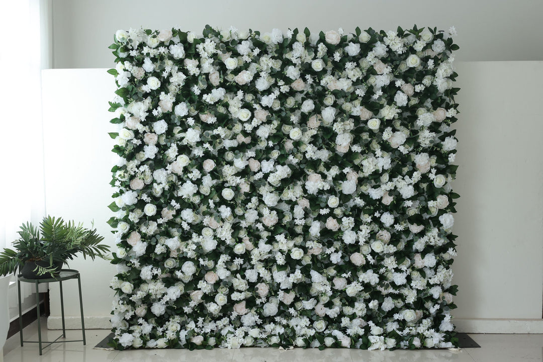 White Roses And Carnation Flowers And Green Leaves, Artificial Flower Wall Backdrop