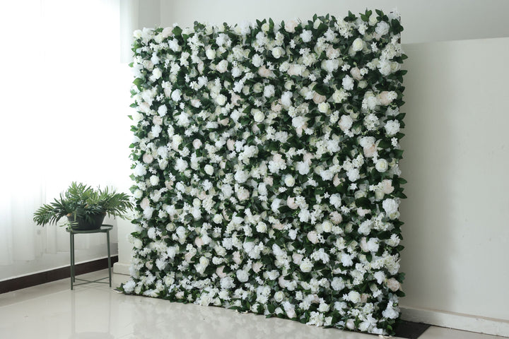 White Roses And Carnation Flowers And Green Leaves, Artificial Flower Wall Backdrop