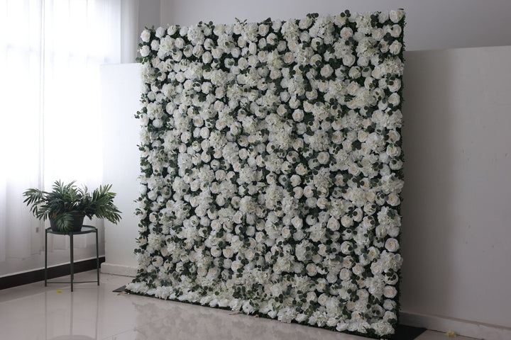 White Roses And Hydrangeas And Green Leaves, Artificial Flower Wall Backdrop
