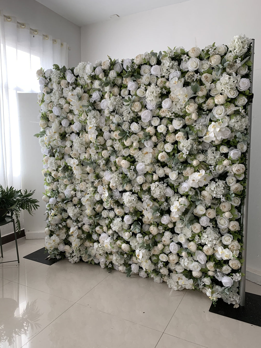 White Roses And Hydrangeas And Green Leaves, Artificial Flower Wall Backdrop
