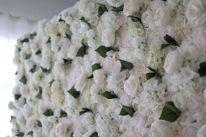 White Roses And Peonies And Hydrangeas And Green Leaves, Artificial Flower Wall Backdrop