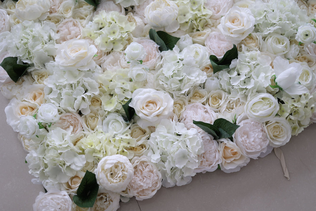 White Roses And Peonies And Hydrangeas And Green Leaves, Artificial Flower Wall Backdrop