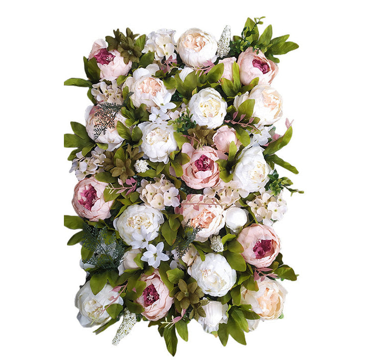 Beige-Pink And White Roses With Green Leaves, Artificial Flower Wall Backdrop