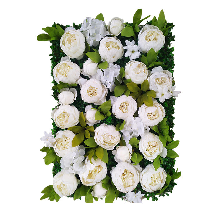 Cream-White Peony With Green Leaves, Artificial Flower Wall Backdrop