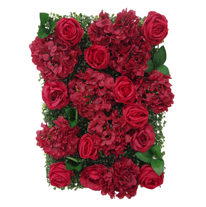Dark Red Roses And Hydrangeas With Green Leaves, Artificial Flower Wall Backdrop