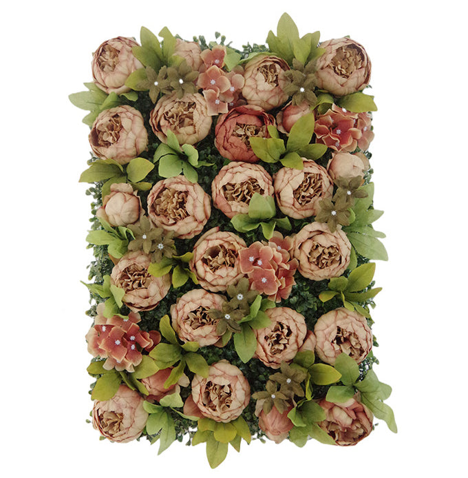 Light-Brown And Orange-Red Peony With Green Leaves, Artificial Flower Wall Backdrop