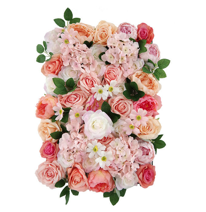 Orange Roses And Pink Hydrangeas With Green Leaves, Artificial Flower Wall Backdrop