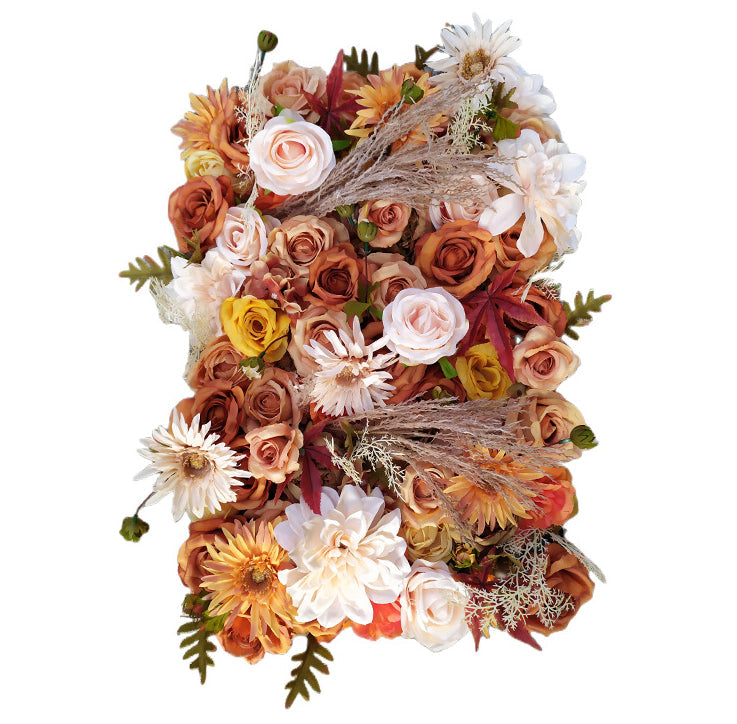 Luxurious 3D Brown-Orange And Beige Roses With Yellow Reed, Artificial Flower Wall Backdrop