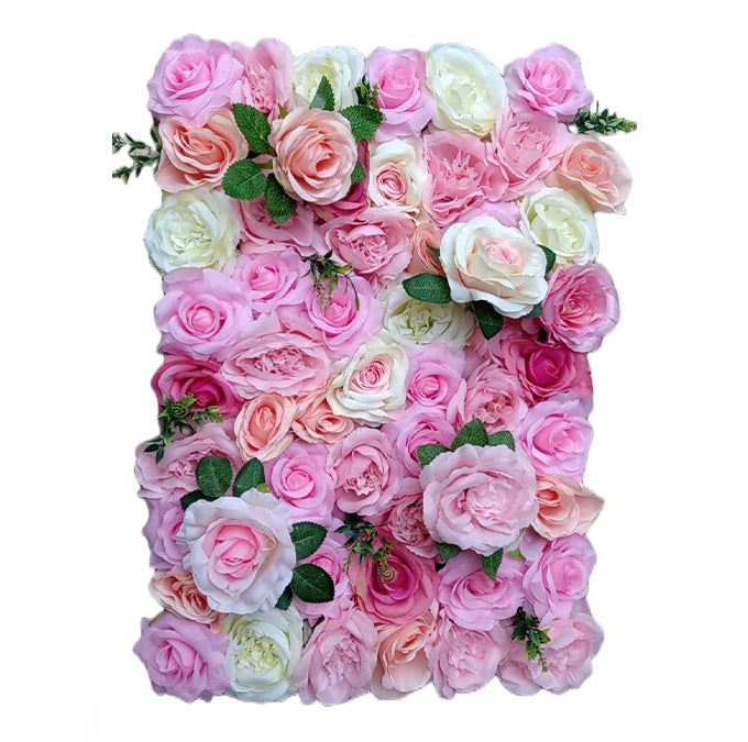 Luxurious 3D Beige And Pink Roses With Green Leaves, Artificial Flower Wall Backdrop