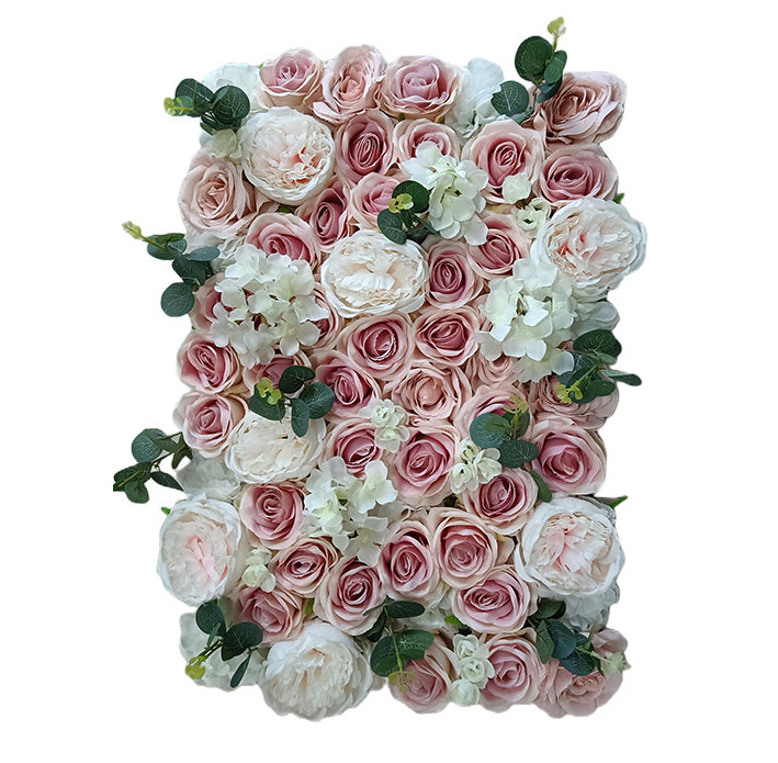 Luxurious 3D Gray-Pink Roses And Beige Peonies With Leaves, Artificial Flower Wall Backdrop