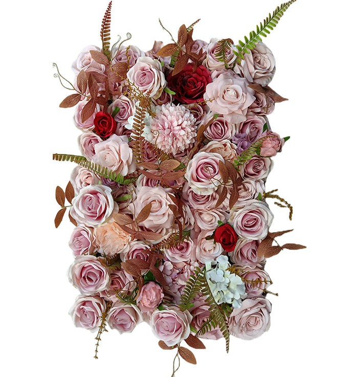 Luxurious 3D Gray-Pink Roses With Fern Leaves, Artificial Flower Wall Backdrop