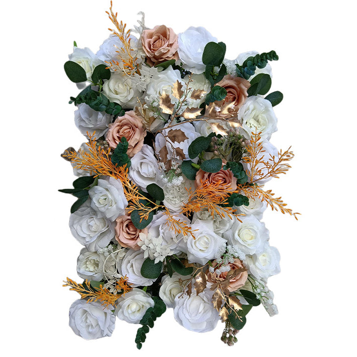 Luxurious 3D Orange And Cream-White Roses With Leaves, Artificial Flower Wall Backdrop