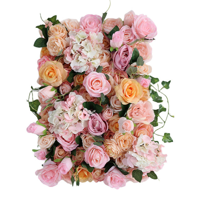Luxurious 3D Orange And Pink Roses With Green Leaves, Artificial Flower Wall Backdrop