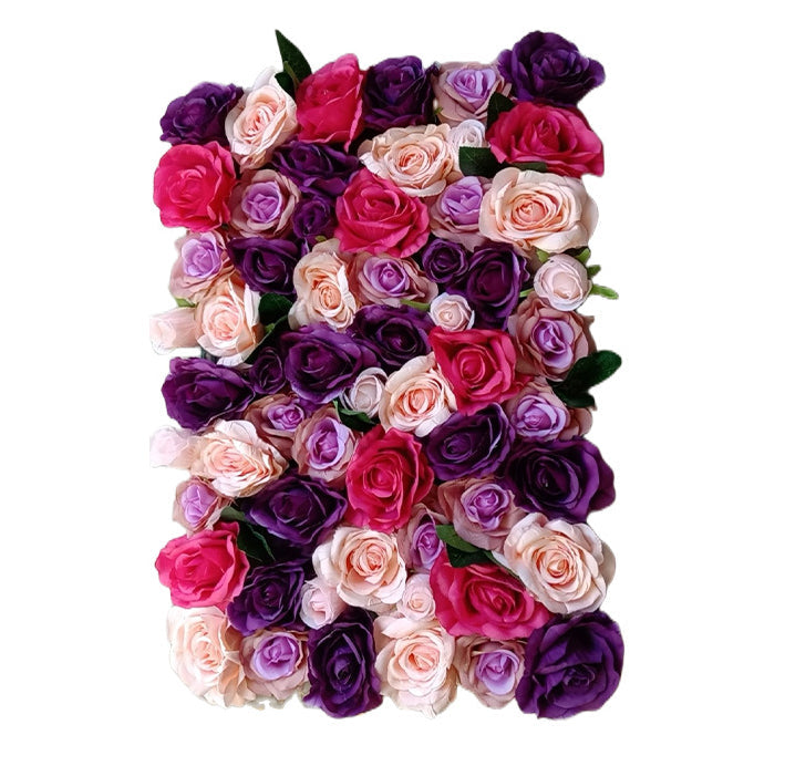 Luxurious 3D Purple And Rose-Red And Light-Orange Roses, Artificial Flower Wall Backdrop