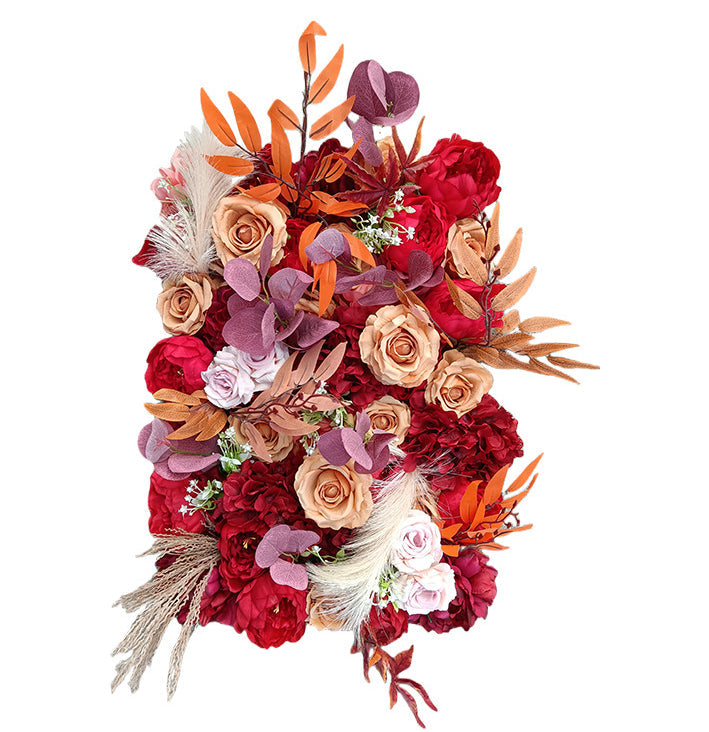 Luxurious 3D Red And Orange Roses With Pampas Grass, Artificial Flower Wall Backdrop