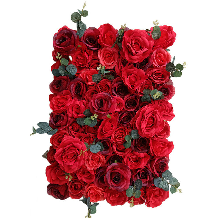 Luxurious 3D Red Roses With Eucalyptus Leaves, Artificial Flower Wall Backdrop