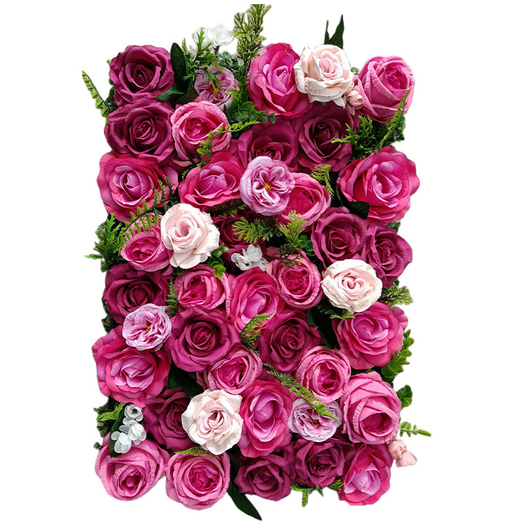 Luxurious 3D Rose-Red And Pink Roses With Green Leaves, Artificial Flower Wall Backdrop