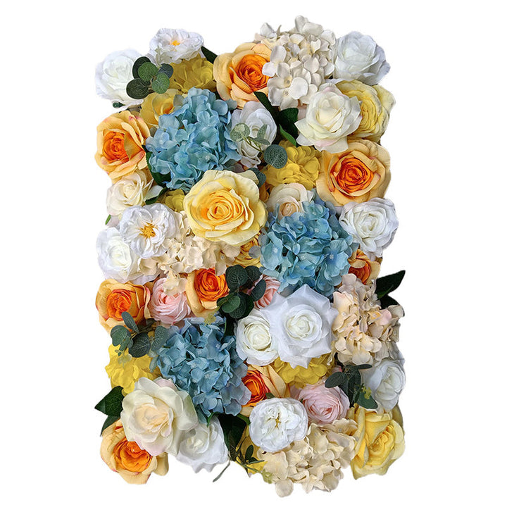 Luxurious 3D Yellow Roses And Blue Hydrangeas, Artificial Flower Wall Backdrop