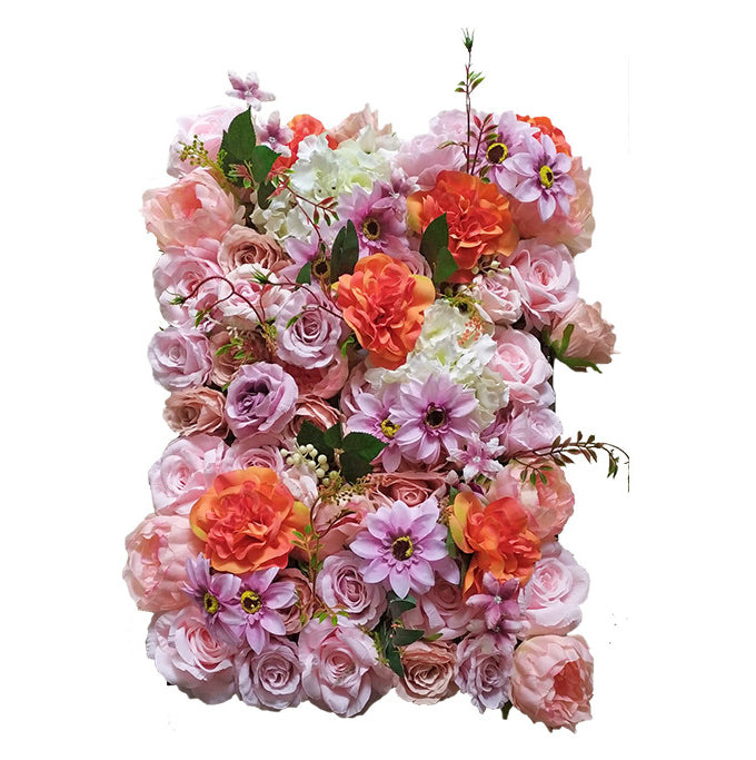 Mixed Flowers In Orange And Pink With Green Leaves, Artificial Flower Wall Backdrop