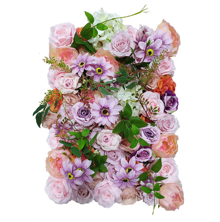 Mixed Flowers In Orange And Purple With Green Leaves, Artificial Flower Wall Backdrop