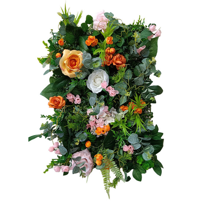 Orange And Pink Roses With Green Plants, Artificial Flower Wall Backdrop