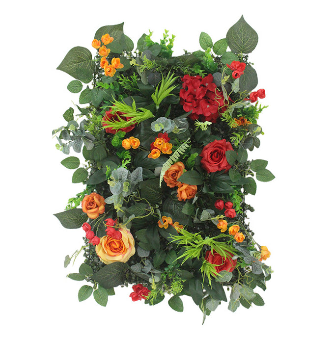 Orange And Red Roses With Green Plants, Artificial Flower Wall Backdrop