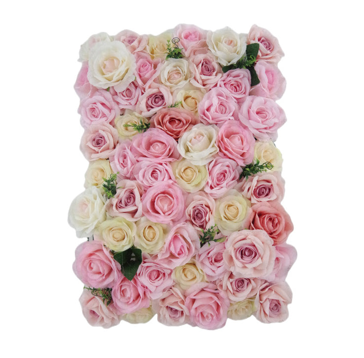 Pink And Cream White Roses With Green Leaves, Artificial Flower Wall Backdrop
