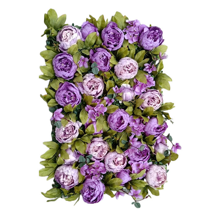 Purple Roses With Green Leaves, Artificial Flower Wall Backdrop