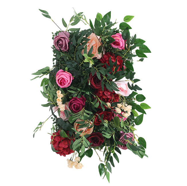Red And Purple And Pink Roses With Green Leaves, Artificial Flower Wall Backdrop