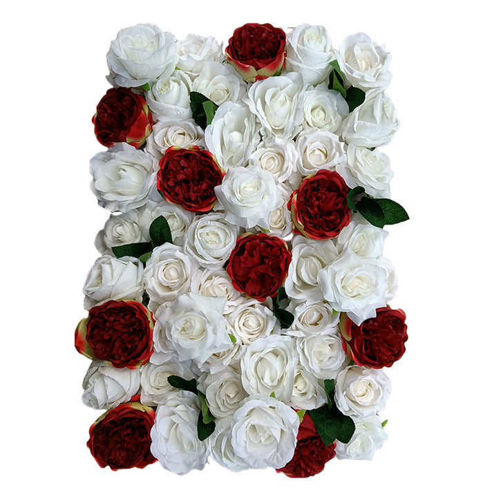 White Roses And Dark-Red Peonies With Green Leaves, Artificial Flower Wall Backdrop