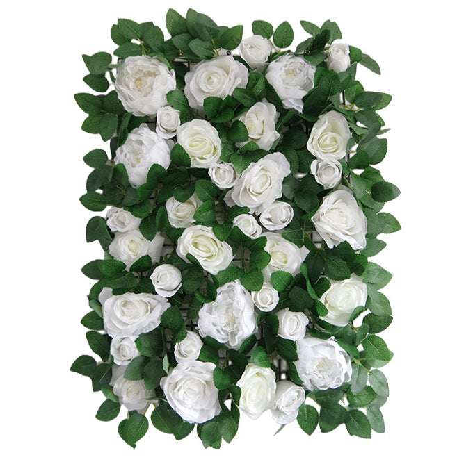 White Roses And Green Leaves, Artificial Flower Wall Backdrop