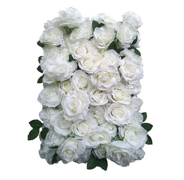 White Roses With Green Leaves, Artificial Flower Wall Backdrop
